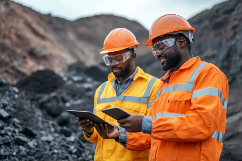 mid section portrait of two unrecognizable industrial workers wearing reflective jackets, one of them african, inspecting mineral ore on site outdoors, generative ai